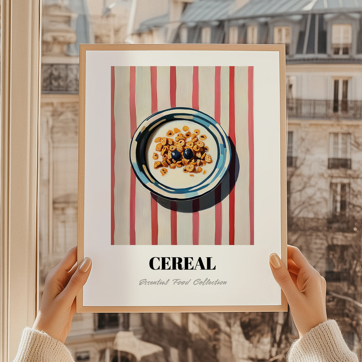 Cereal – on Striped Tablecloth, American Food Still Life, styled in a charming Paris street view