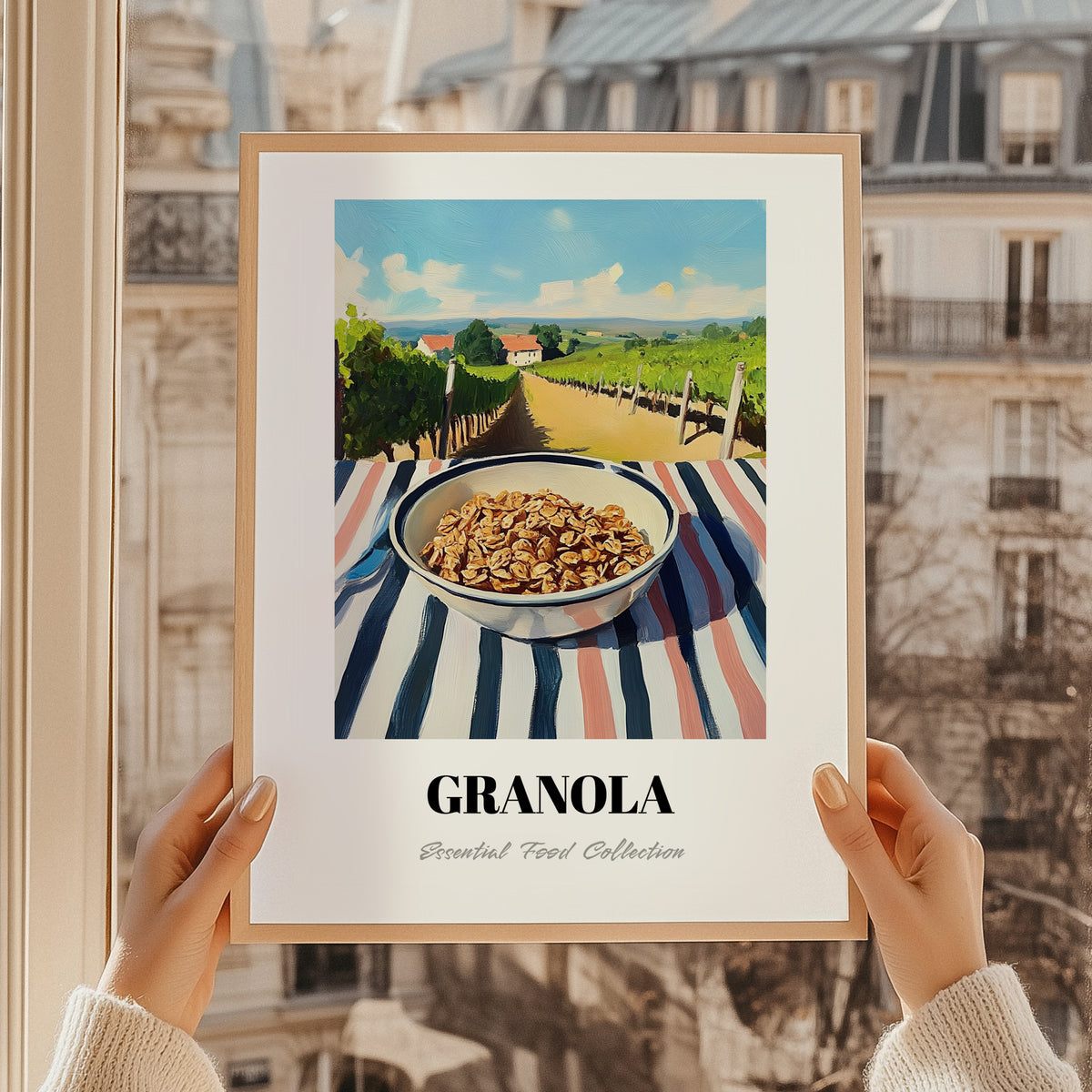 Granola0 – Hilltop Table Scene, American Food Painting, styled in a charming Paris street view