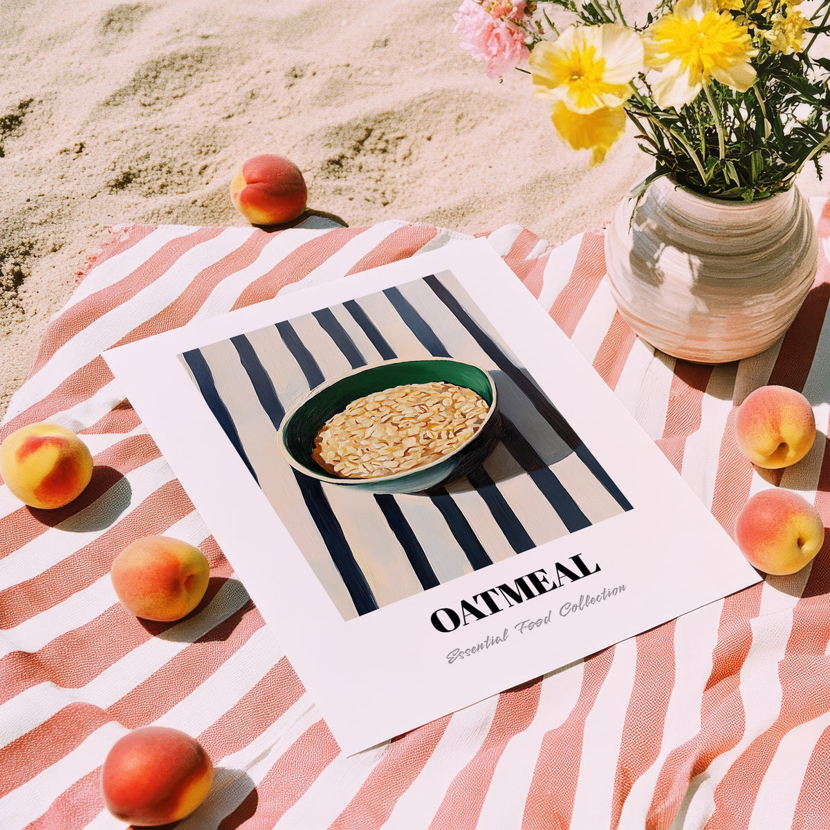 Oatmeal – on Striped Tablecloth, American Food Wall Poster, unframed on coastal sand