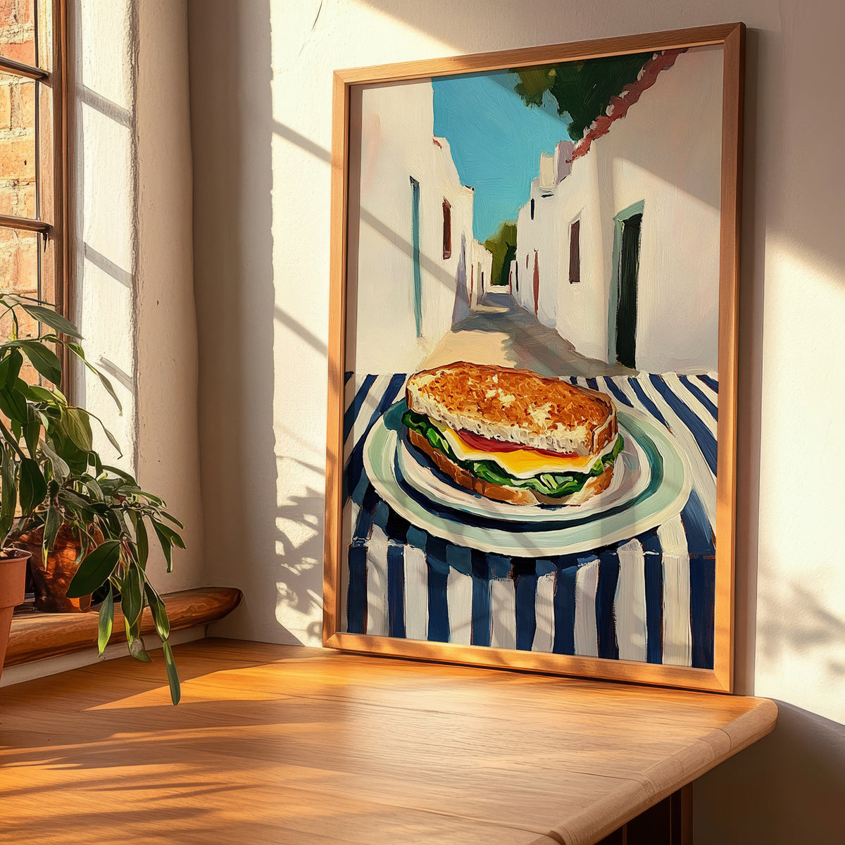 Sandwich – White village Urban Café Scene, British Food Painting, clean layout with no caption