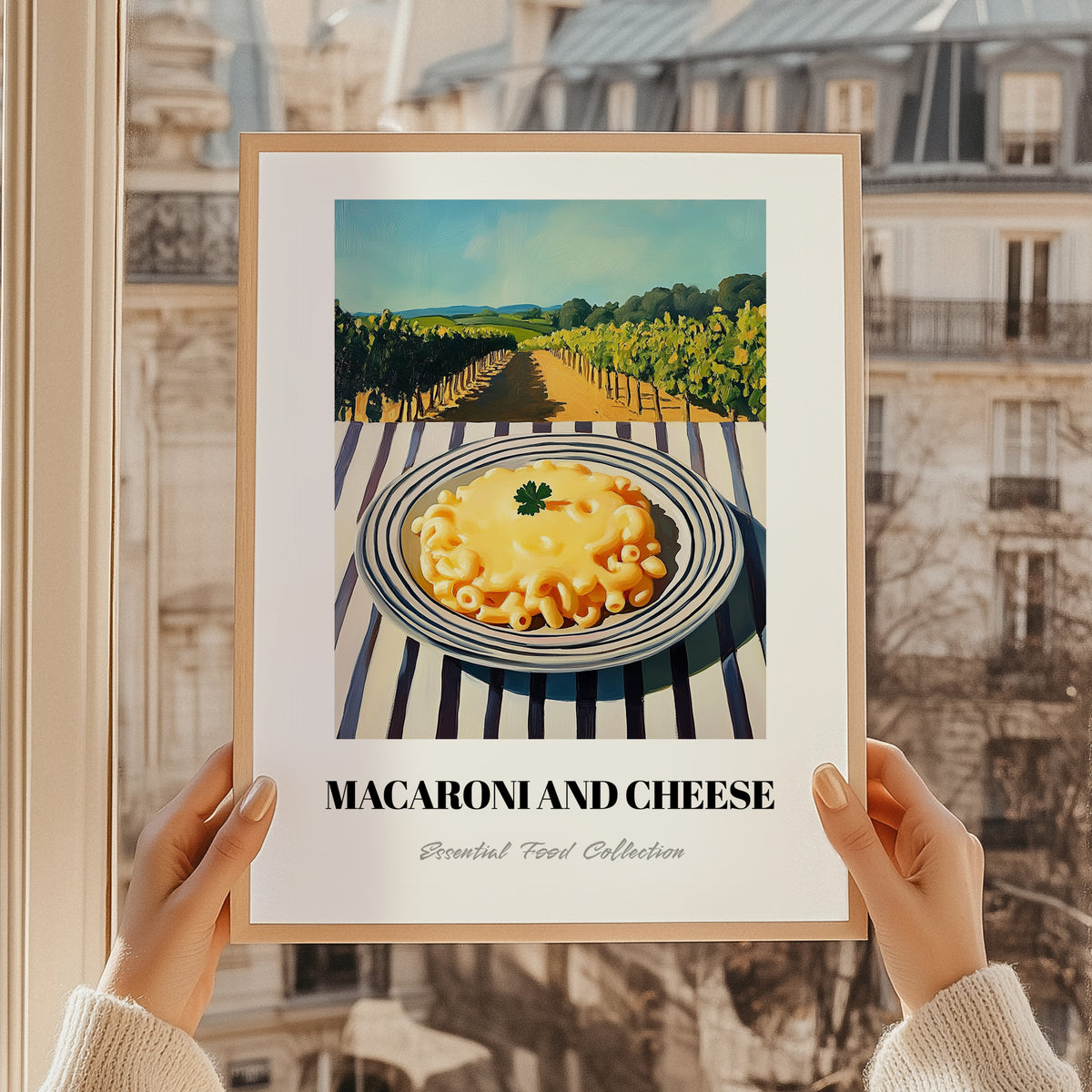 Macaroni And Cheese – Hilltop Café Scene, American Pasta Painting, styled in a charming Paris street view