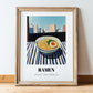 Ramen – Tokyo Skyline Café Scene, Japanese Pasta Wall Decor, in wooden frame leaning on the floor