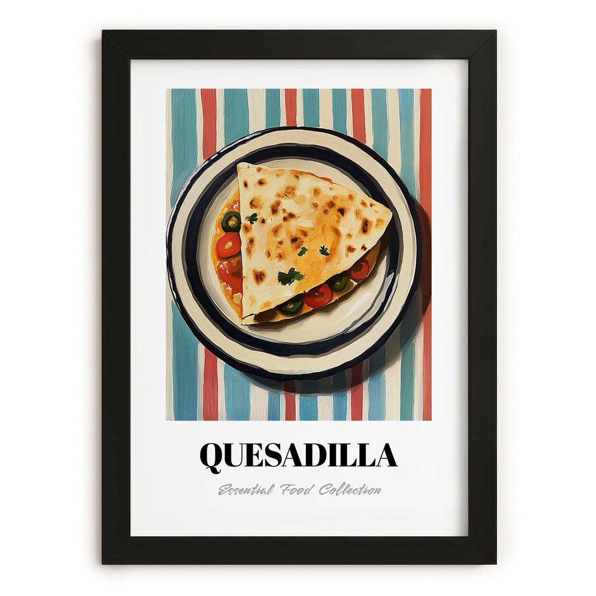 Quesadilla – on Striped Tablecloth, Mexican Cheese Wall Painting, in sleek black frame