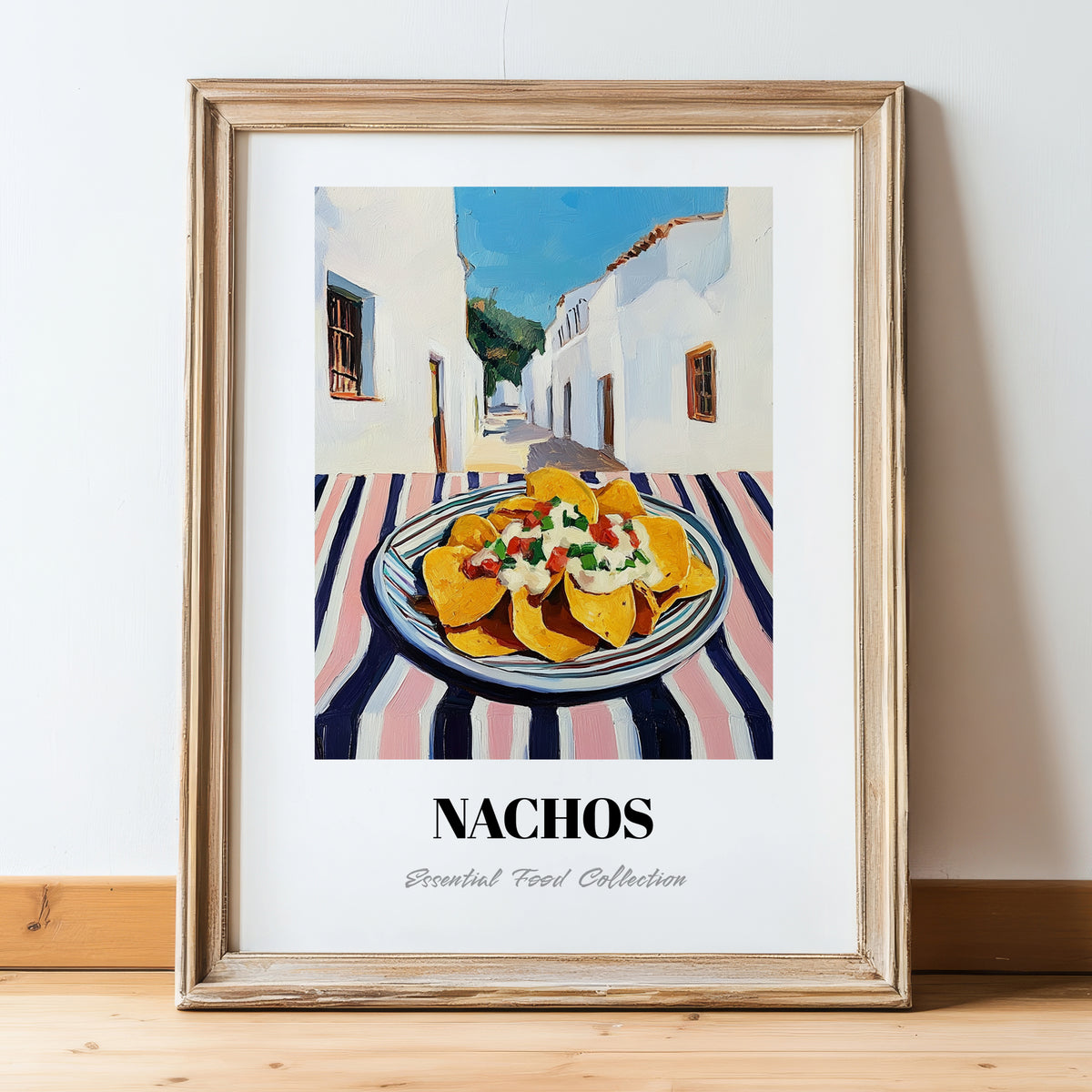 Nachos – White village Café on the Corner, Mexican Cheese Illustration, in wooden frame leaning on the floor