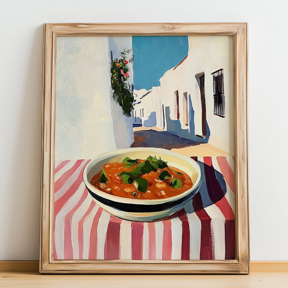 Salsa – White village Urban Café Scene, Mexican Food Illustration, no-text version framed in wood