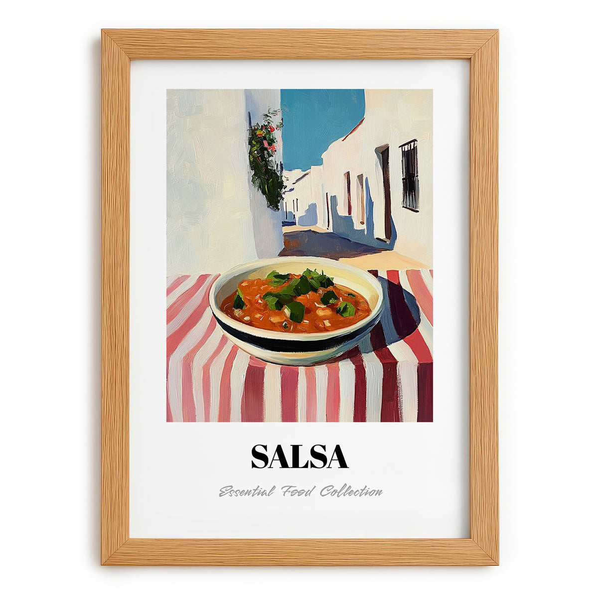 Salsa – White village Urban Café Scene, Mexican Food Illustration, set in oak frame