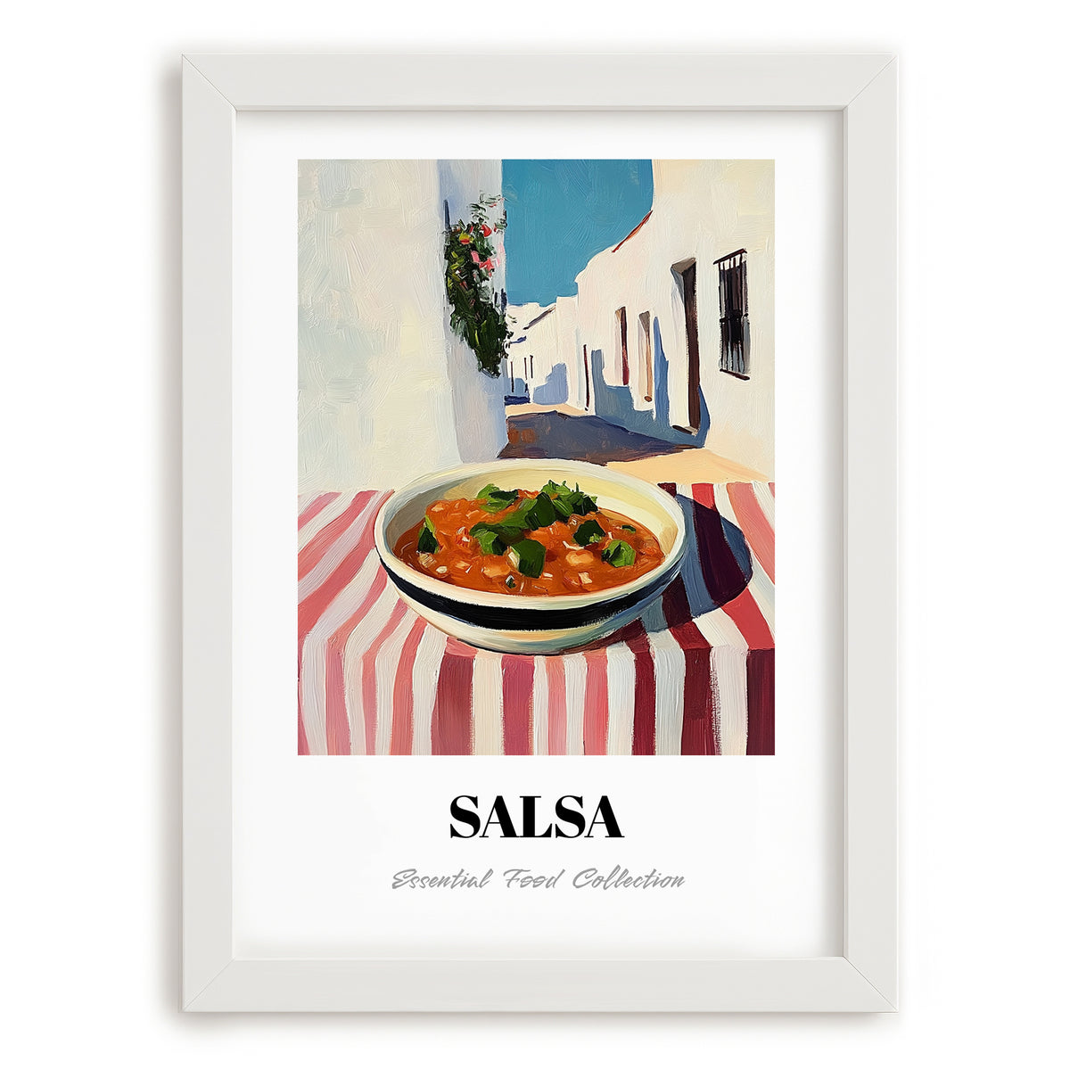 Salsa – White village Urban Café Scene, Mexican Food Illustration, placed in minimal white frame