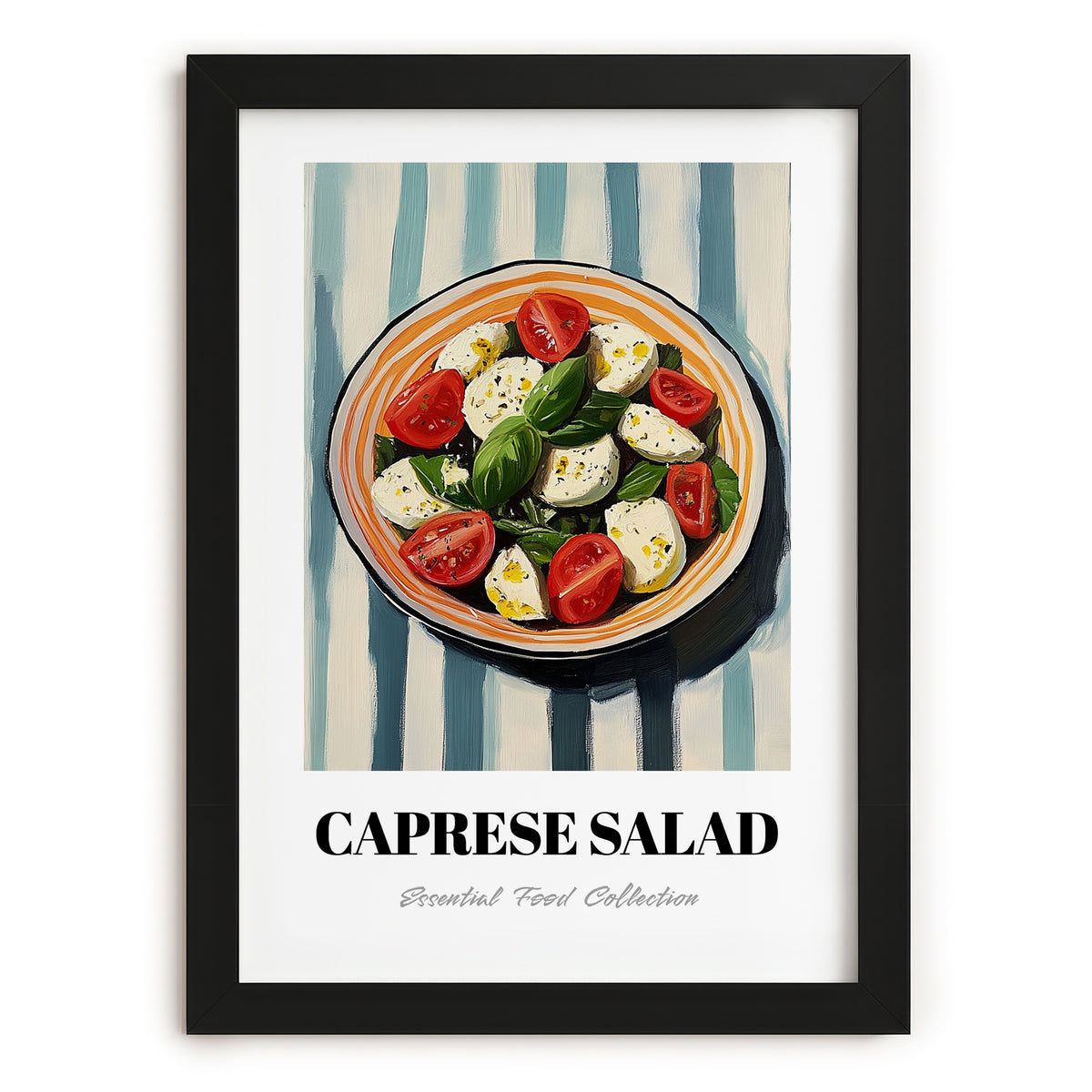 Caprese Salad – on Striped Tablecloth, Italian Food Print, in sleek black frame