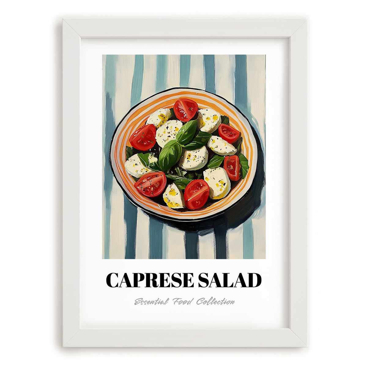 Caprese Salad – on Striped Tablecloth, Italian Food Print, placed in minimal white frame