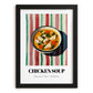 Chicken Soup – on Striped Tablecloth, American Food Art, in sleek black frame