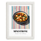 Minestrone – on Striped Tablecloth, Italian Food Wall Painting, placed in minimal white frame