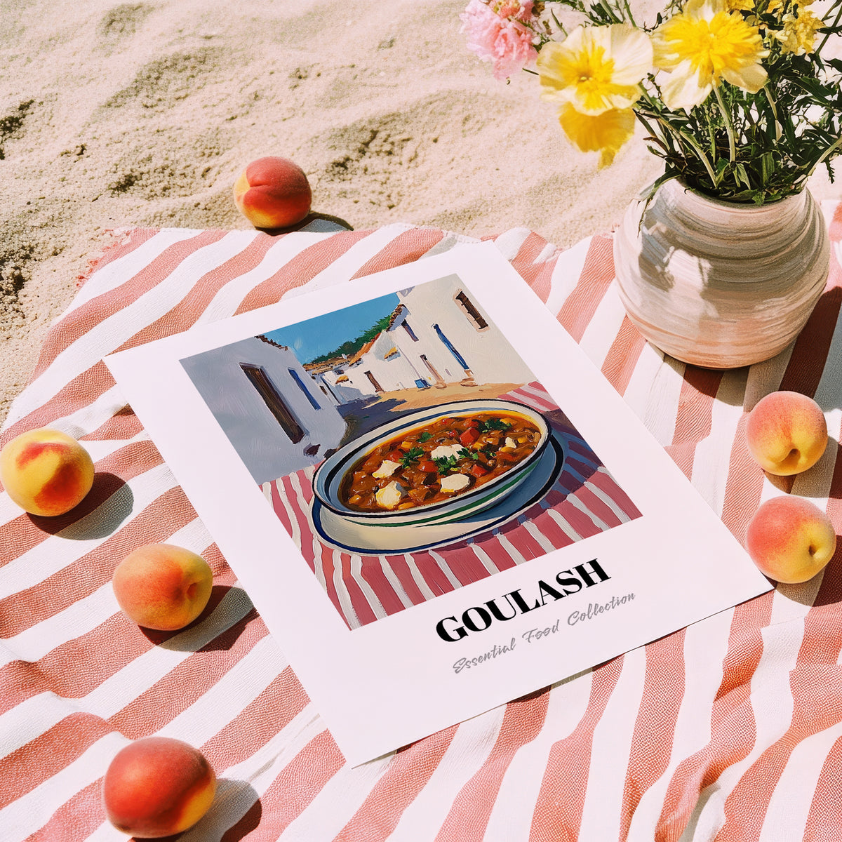 Goulash – White village Urban Café Scene, Hungarian Food Illustration, unframed on coastal sand