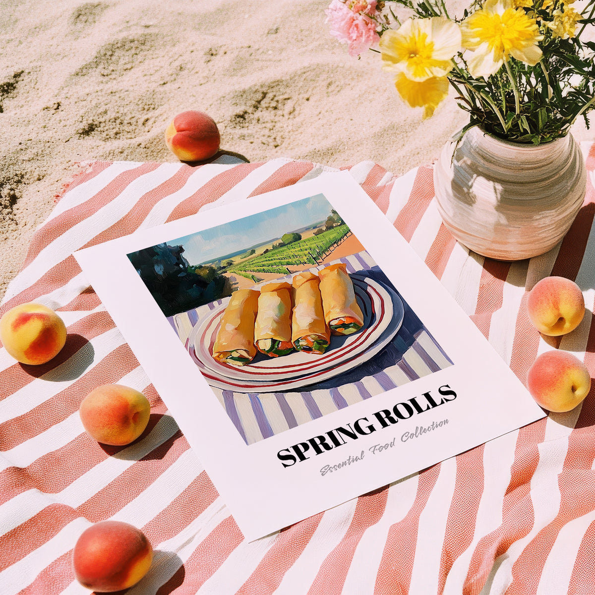 Spring Rolls – Hilltop Table Scene, Chinese Food Painting, unframed on coastal sand