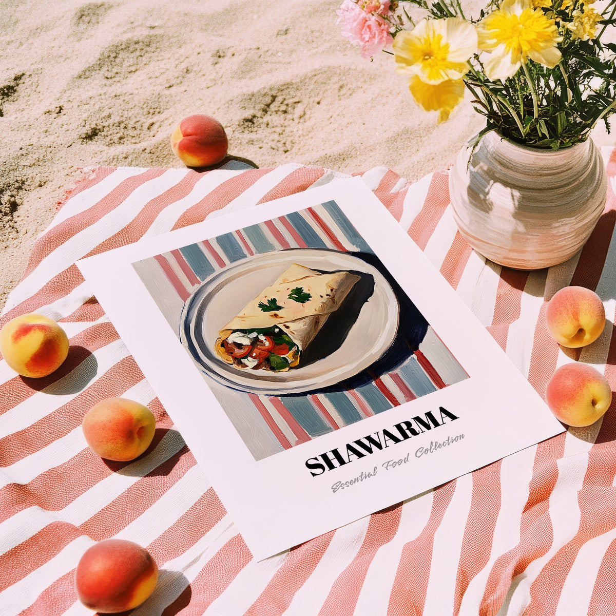 Shawarma – on Striped Tablecloth, Middle Food Print, unframed on coastal sand