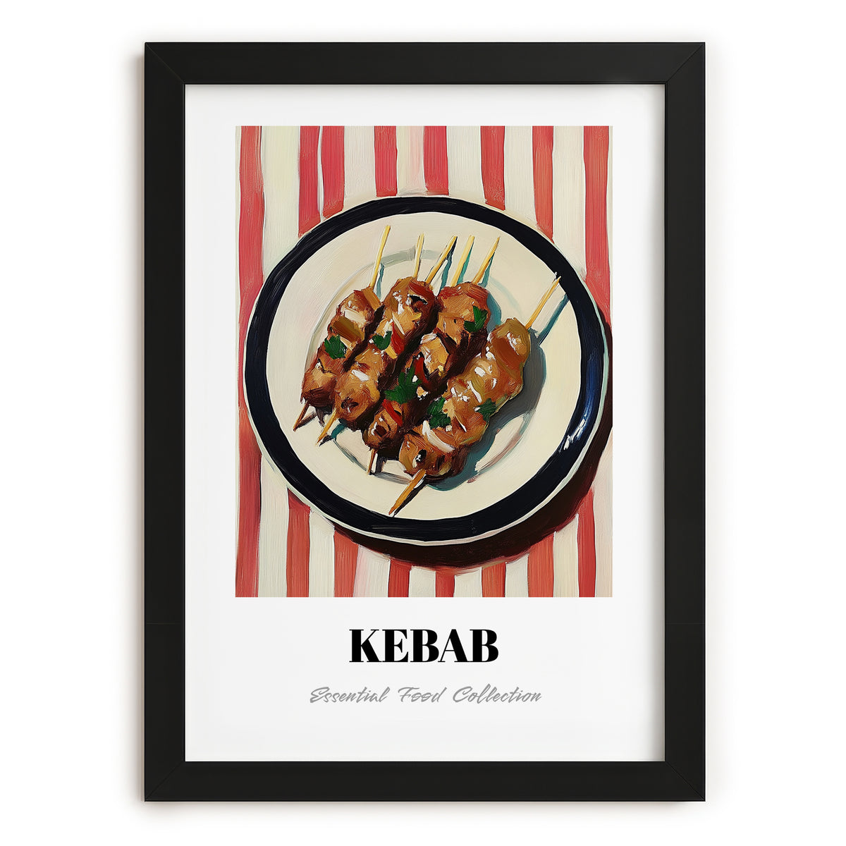Kebab – on Striped Tablecloth, Turkish Food Painting, in sleek black frame