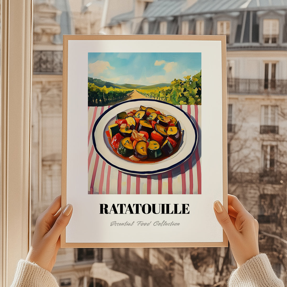 Ratatouille – Hilltop Table Scene, French Food Poster, styled in a charming Paris street view