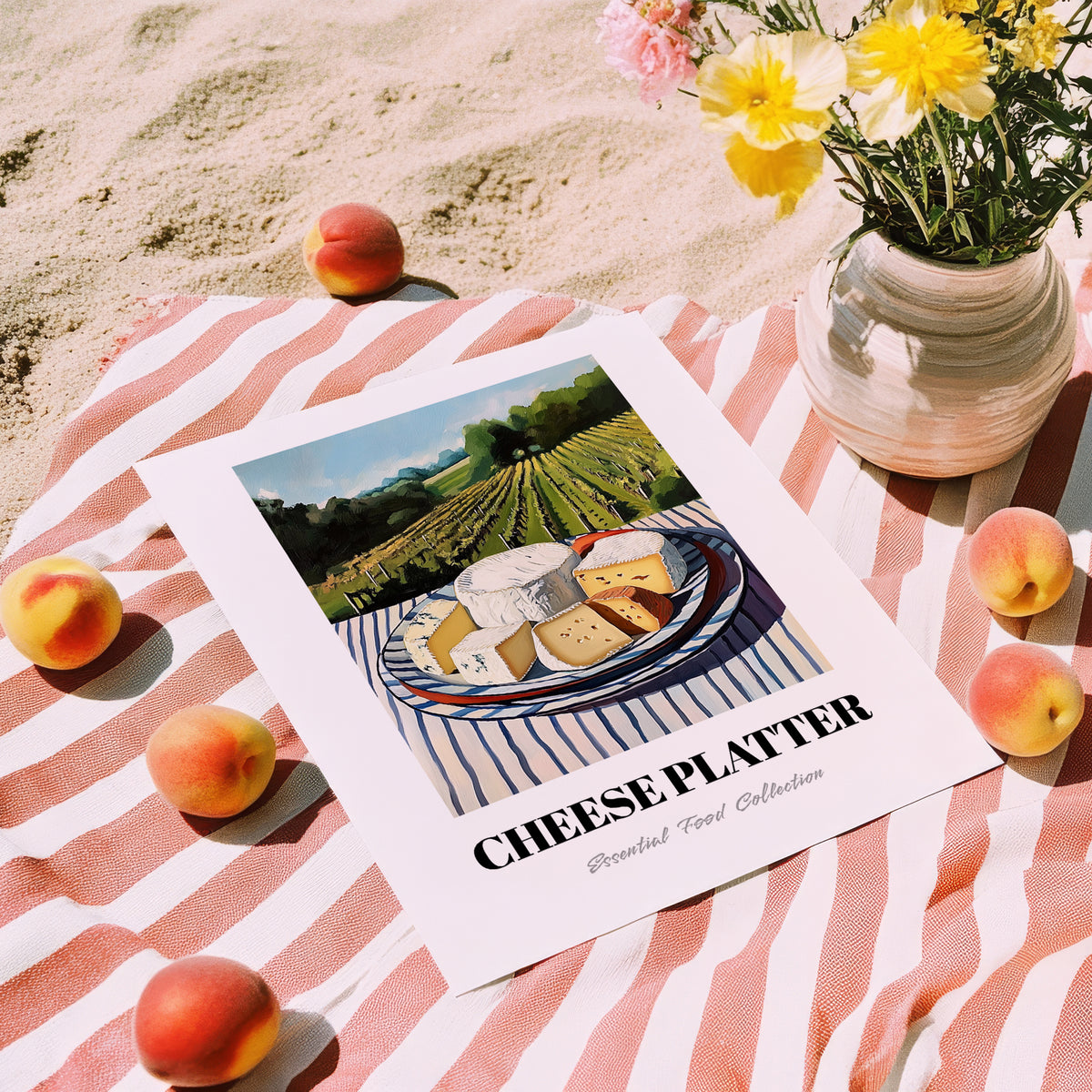 Cheese Platter – Hillside Café View, French Cheese Wall Decor, unframed on coastal sand