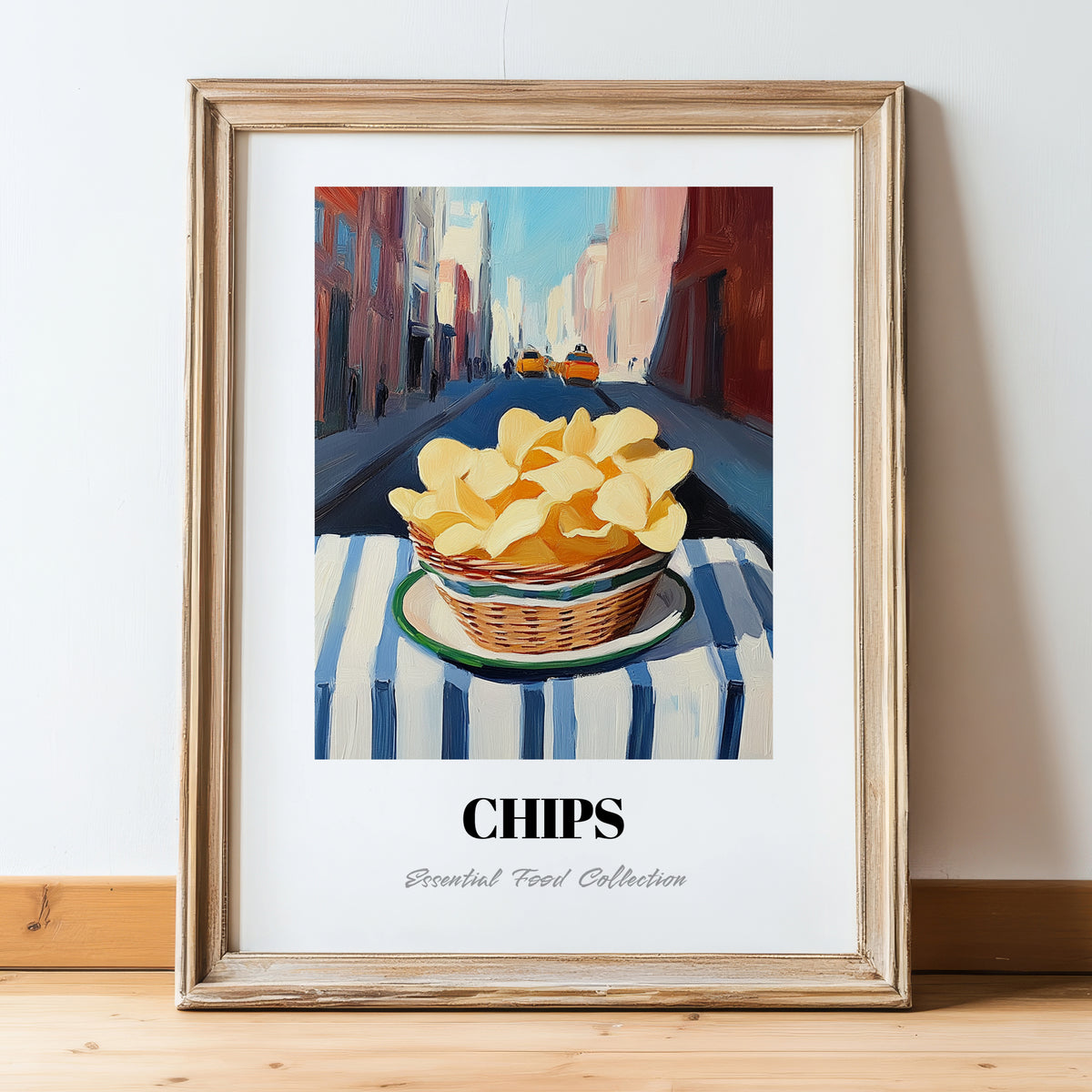 Chips – New York Urban Café Scene, American Food Still Life, in wooden frame leaning on the floor