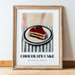 Chocolate Cake – on Striped Tablecloth, American Dessert Wall Illustration, in wooden frame leaning on the floor