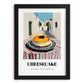 Cheesecake – White village Outdoor Café Scene, American Dessert Poster, in sleek black frame
