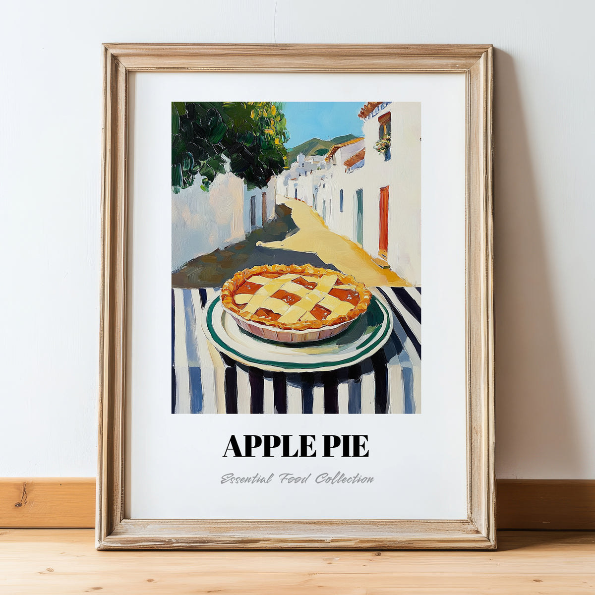 Apple Pie – White village Café on the Corner, American Dessert Poster, in wooden frame leaning on the floor