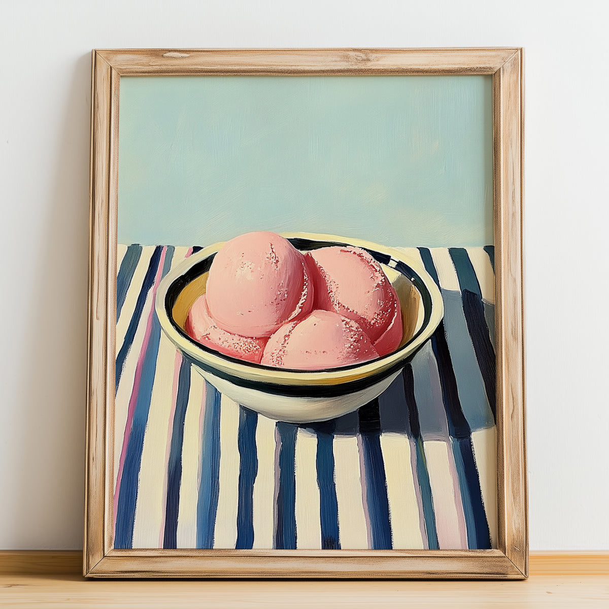 Sorbet – on Striped Tablecloth, French Ice Cream Painting, no-text version framed in wood