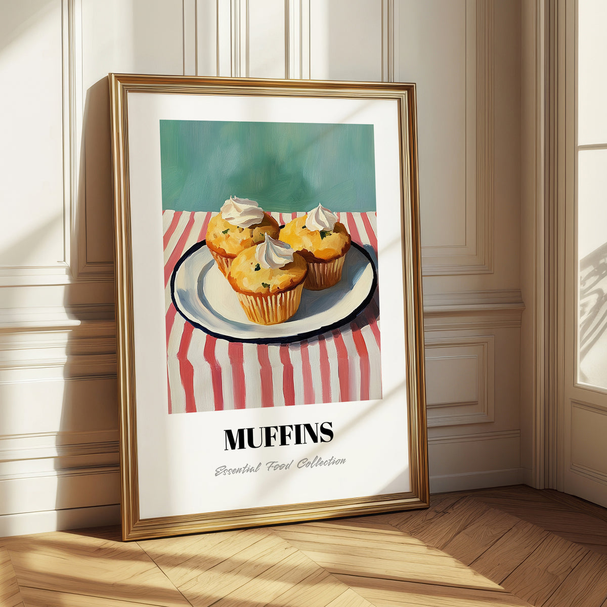 Muffins – on Striped Tablecloth, American Pastry Painting 