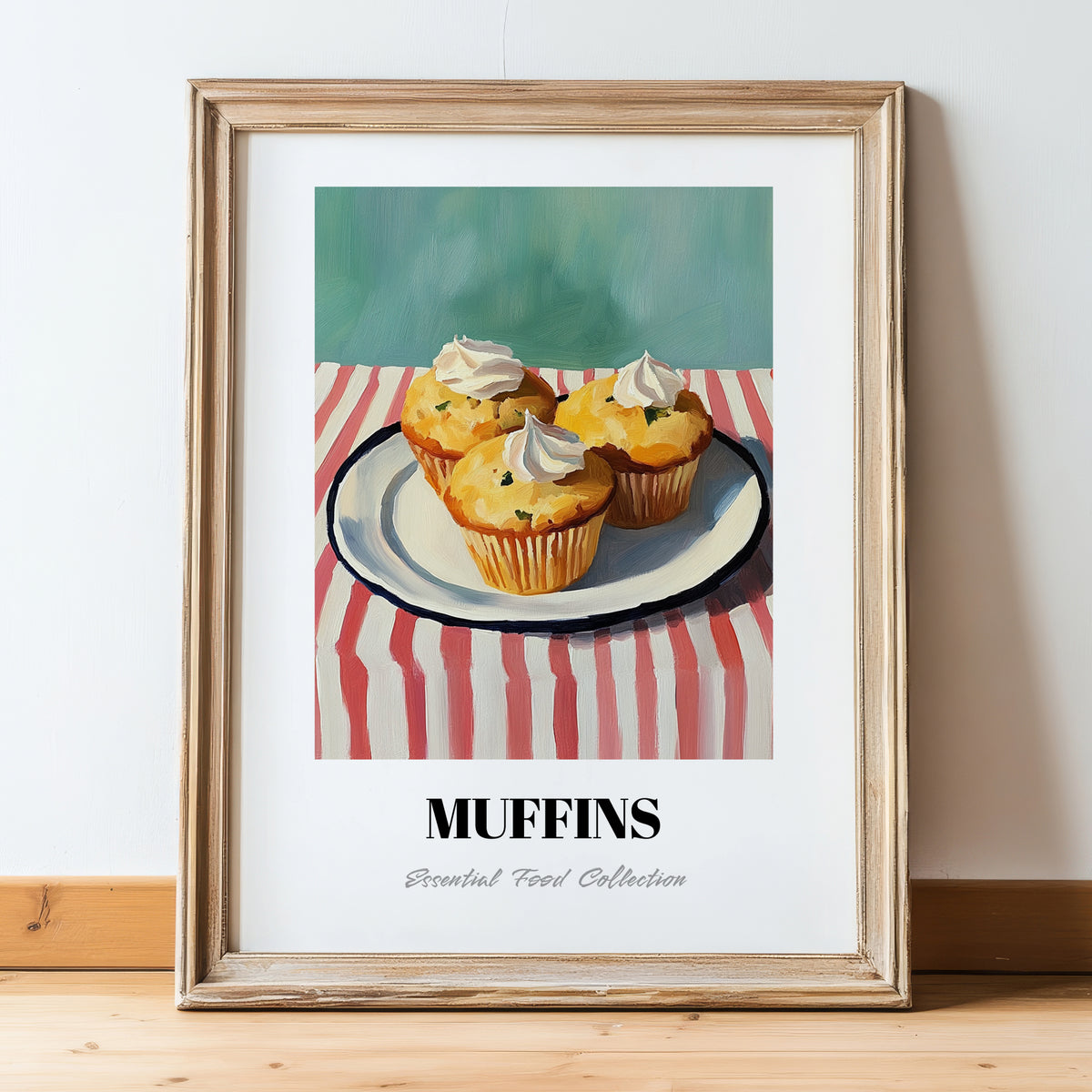 Muffins – on Striped Tablecloth, American Pastry Painting, in wooden frame leaning on the floor