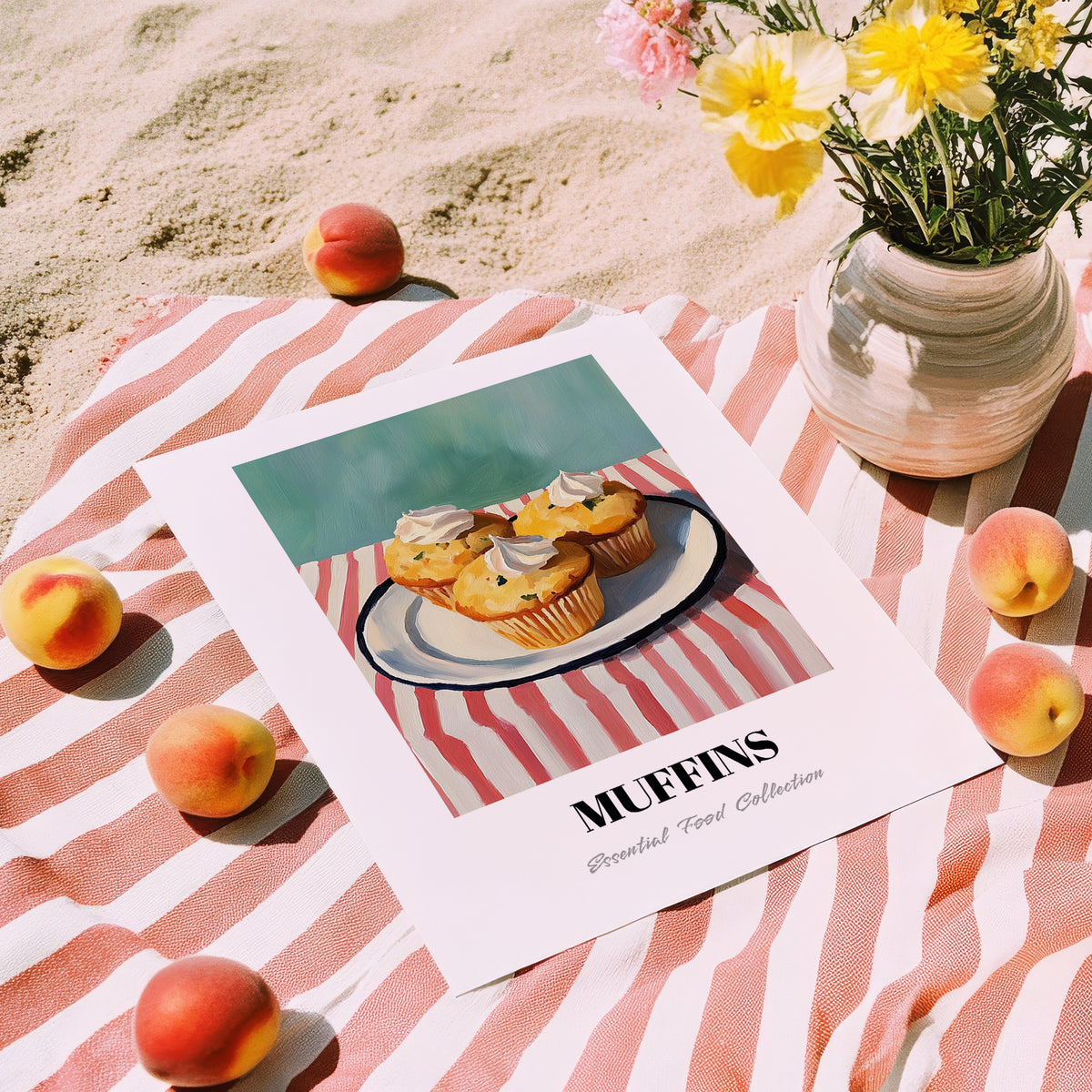 Muffins – on Striped Tablecloth, American Pastry Painting, unframed on coastal sand