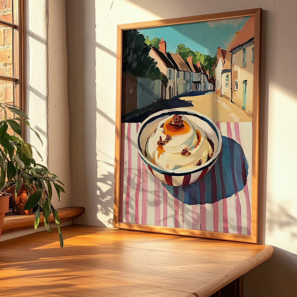 Pudding – English village Urban Café Scene, British Dessert Still Life, clean layout with no caption