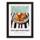 Pancakes With Syrup – on Striped Tablecloth, American Pastry Wall Decor, in sleek black frame