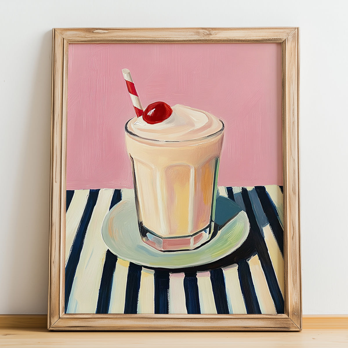 Milkshake – on Striped Tablecloth, American Drink Illustration, no-text version framed in wood