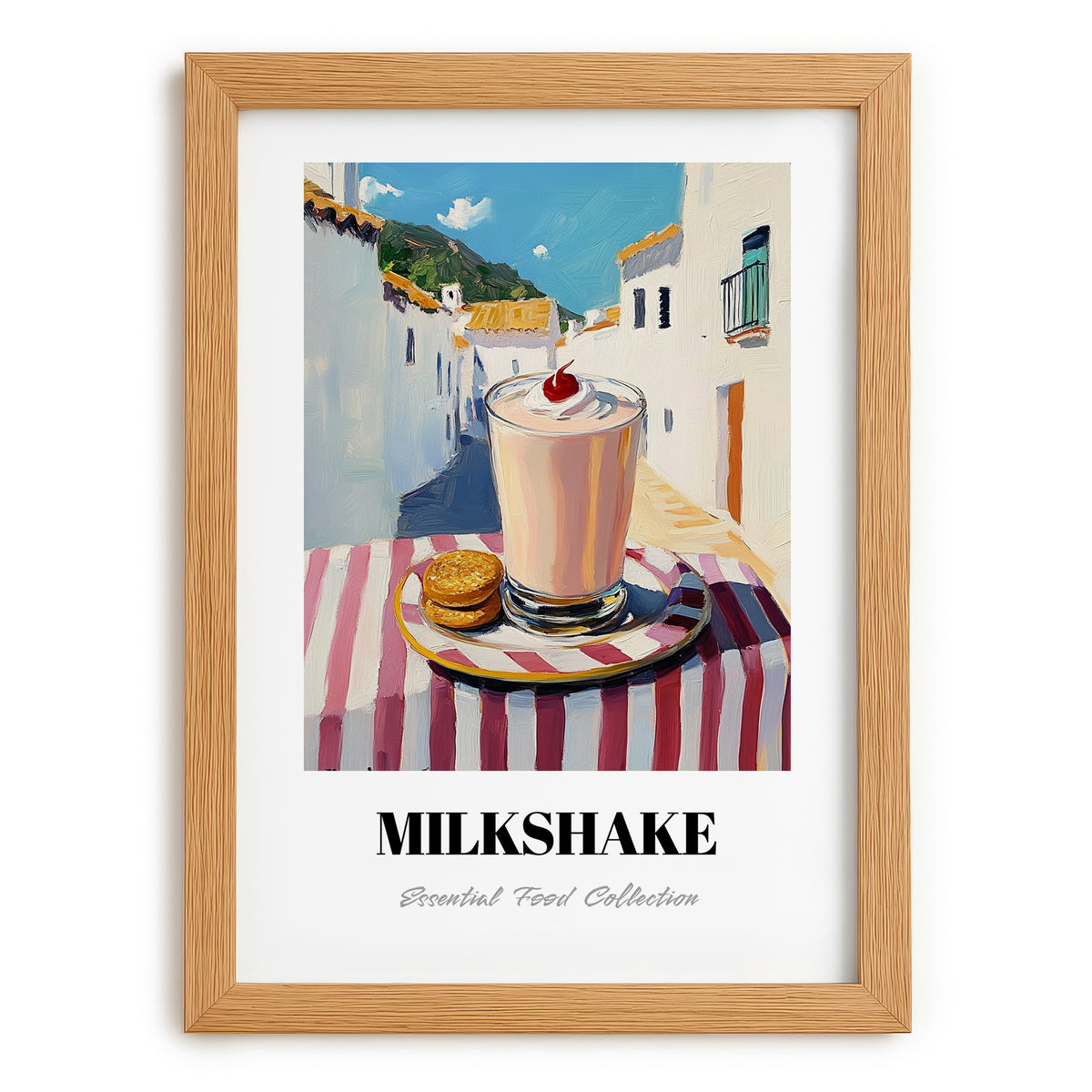 Milkshake – White village Urban Café Scene, American Drink Painting, set in oak frame