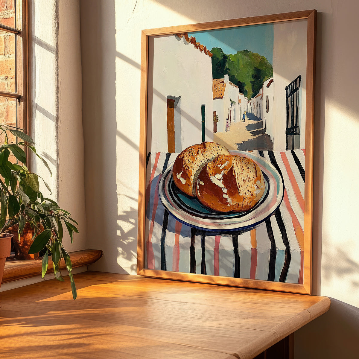 Whole Wheat Bread – White village Street Café Scene, American Food Wall Decor, clean layout with no caption