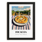 Focaccia – Hilltop Table Scene, Italian Food Illustration, in sleek black frame