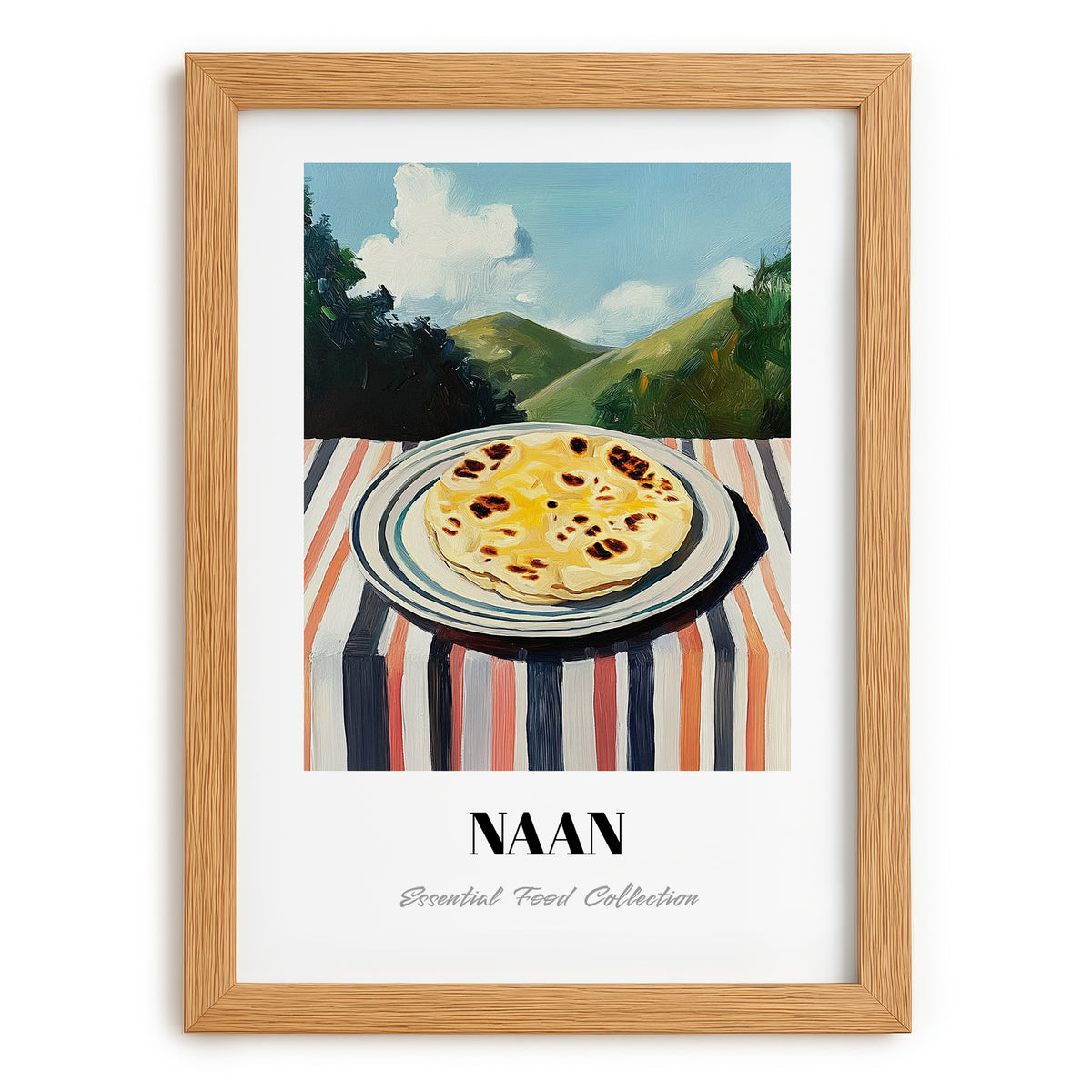Naan – Hilltop Café Scene, Indian Food Wall Art, set in oak frame