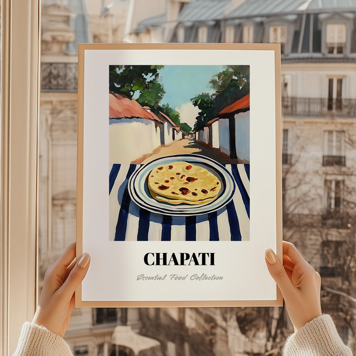 Chapati – Indian village Café on the Corner, Indian Food Painting, styled in a charming Paris street view