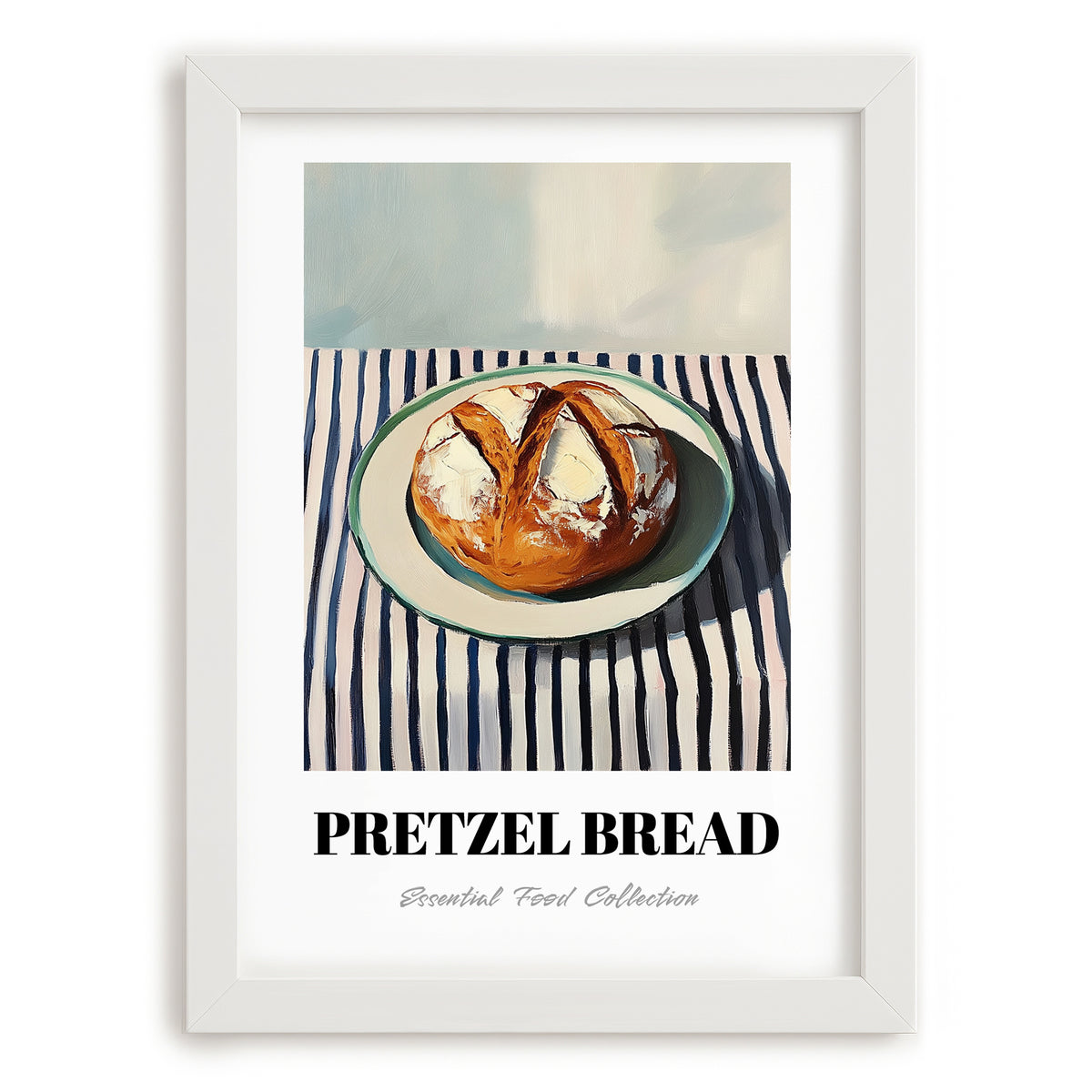 Pretzel Bread – on Striped Tablecloth, German Pastry Still Life, placed in minimal white frame