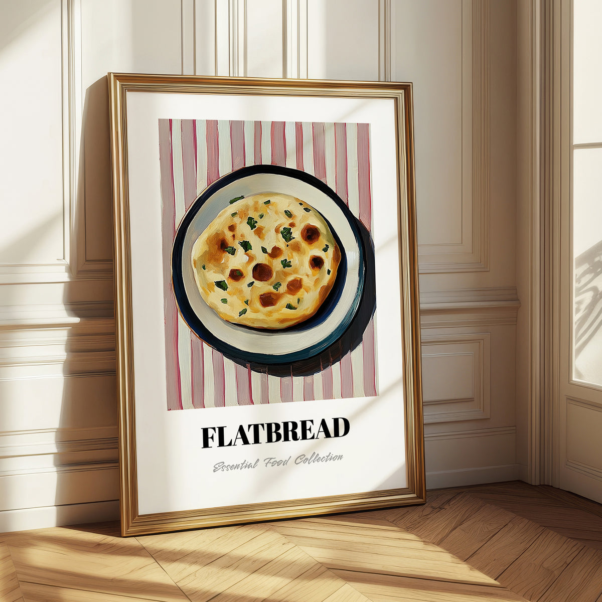 Flatbread – on Striped Tablecloth, Middle Food Wall Art