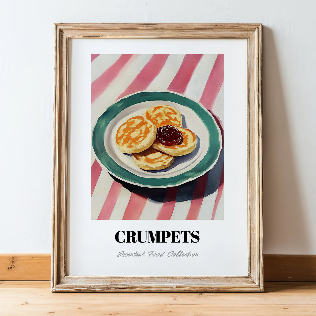 Crumpets – on Striped Tablecloth, British Pastry Wall Decor, in wooden frame leaning on the floor