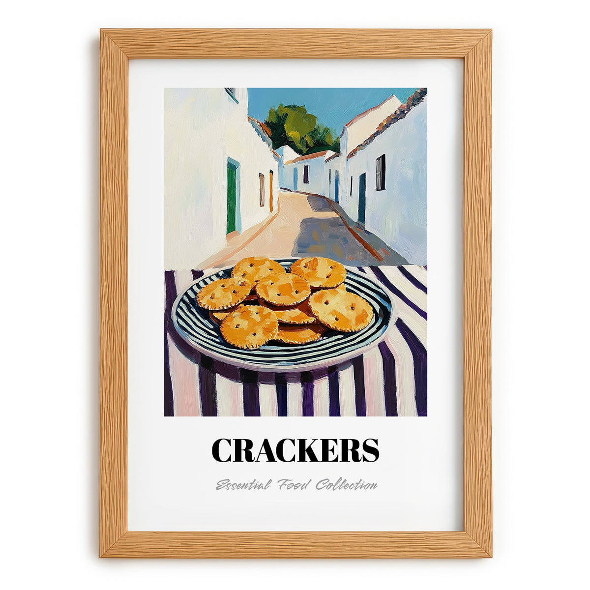 Crackers – White village Urban Café Scene, American Food Wall Print, set in oak frame