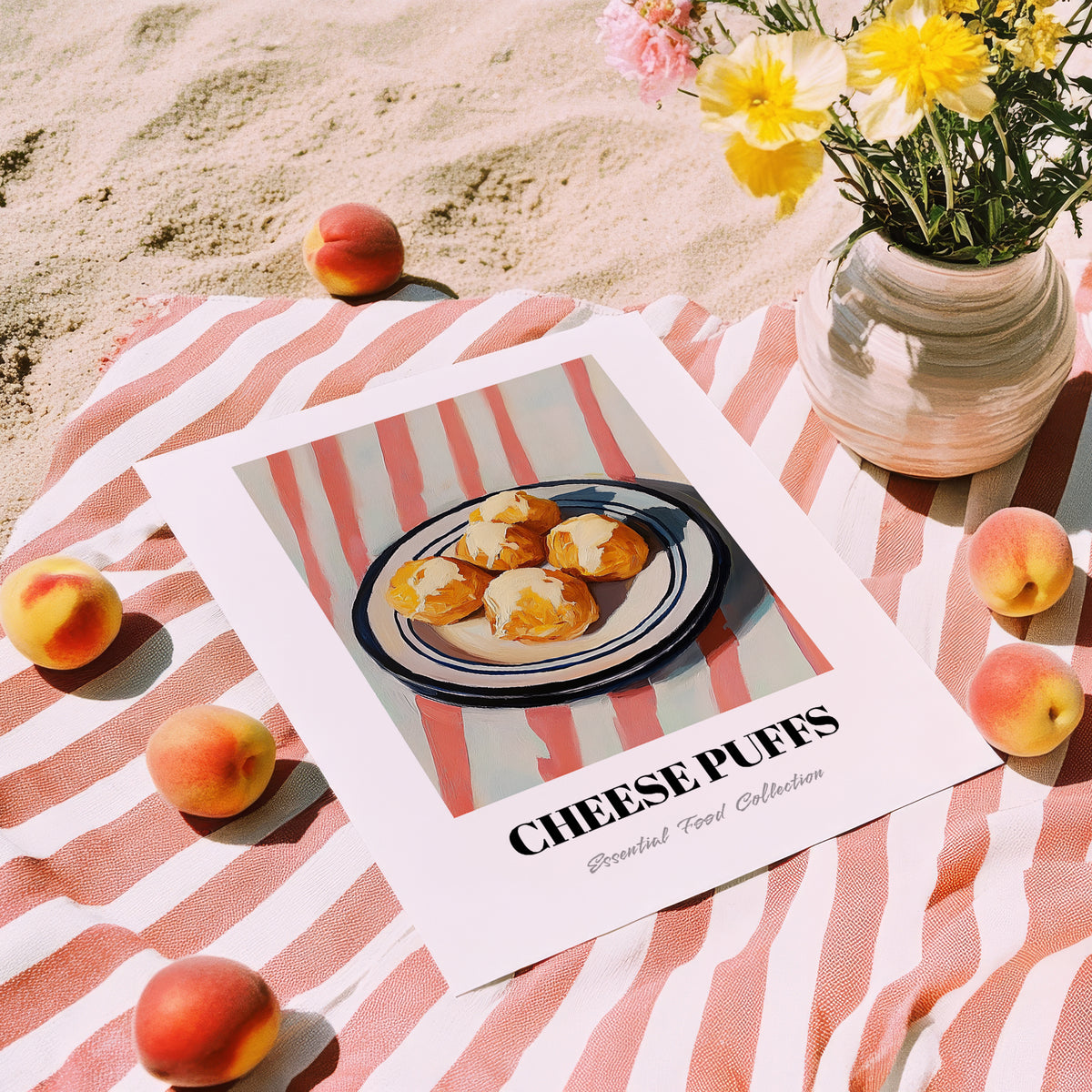 Cheese Puffs – on Striped Tablecloth, American Cheese Painting, unframed on coastal sand