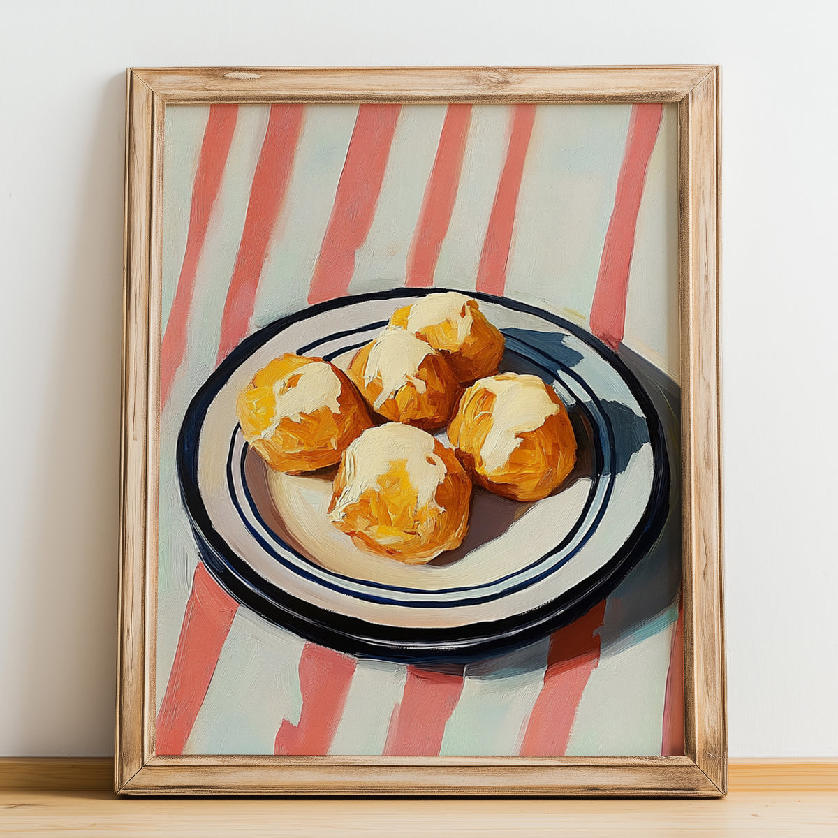 Cheese Puffs – on Striped Tablecloth, American Cheese Painting, no-text version framed in wood
