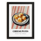 Cheese Puffs – on Striped Tablecloth, American Cheese Painting, in sleek black frame