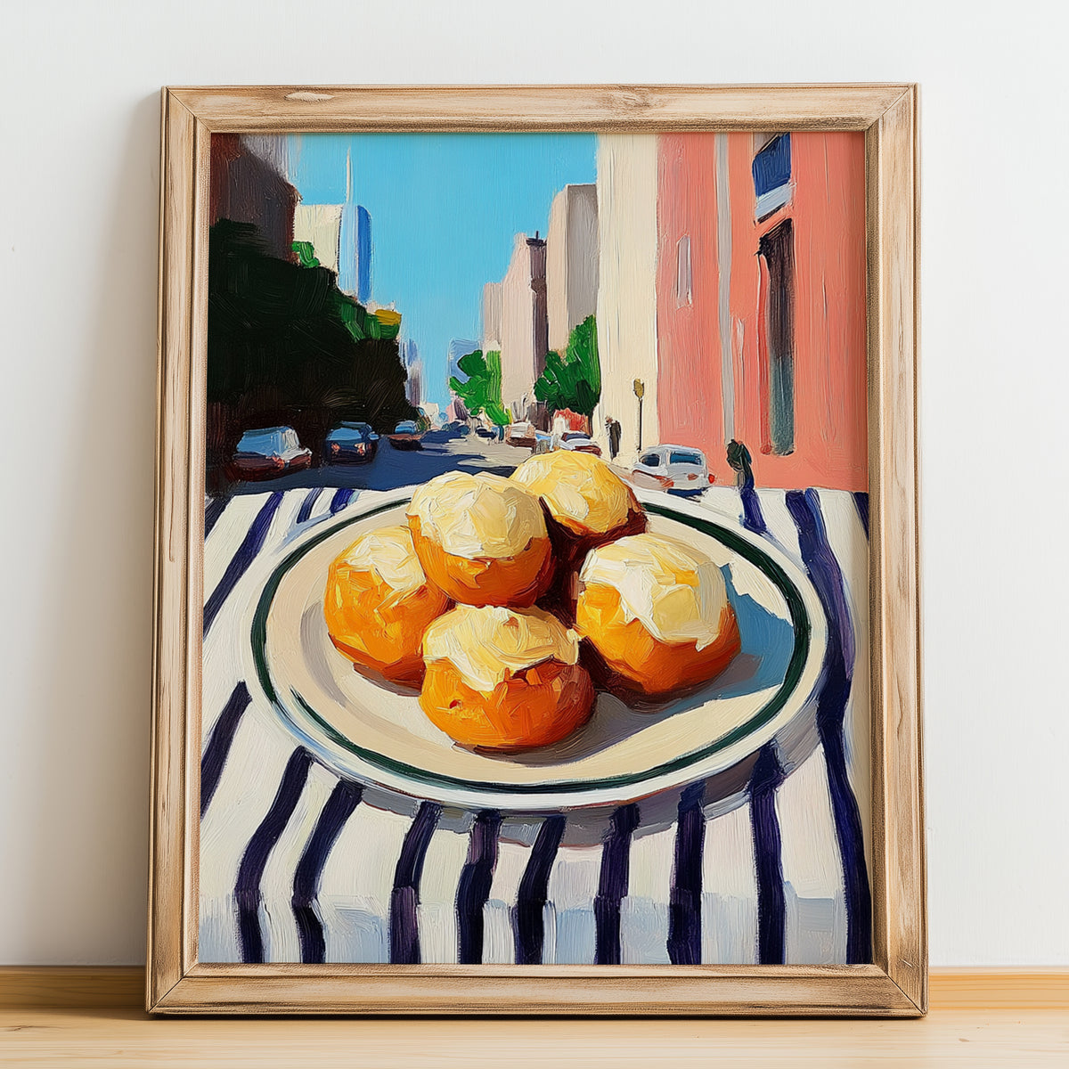 Cheese Puffs – New York Outdoor Café Scene, American Cheese Illustration, no-text version framed in wood