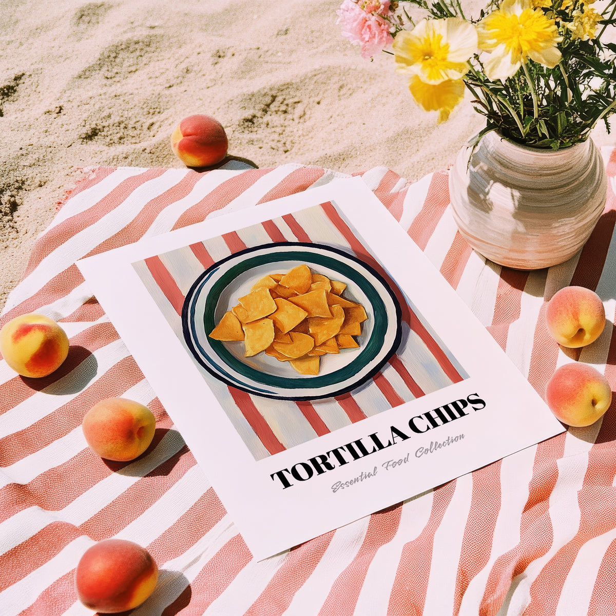Tortilla Chips – on Striped Tablecloth, Mexican Food Illustration, unframed on coastal sand