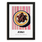Jerky – on Striped Tablecloth, American Food Wall Decor, in sleek black frame
