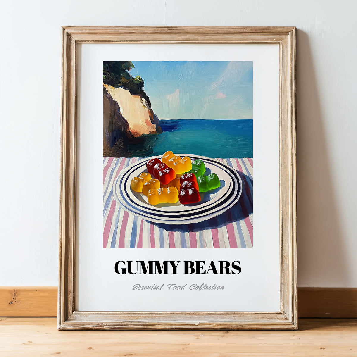 Gummy Bears – Coastal Café Moment, German Dessert Wall Decor, in wooden frame leaning on the floor