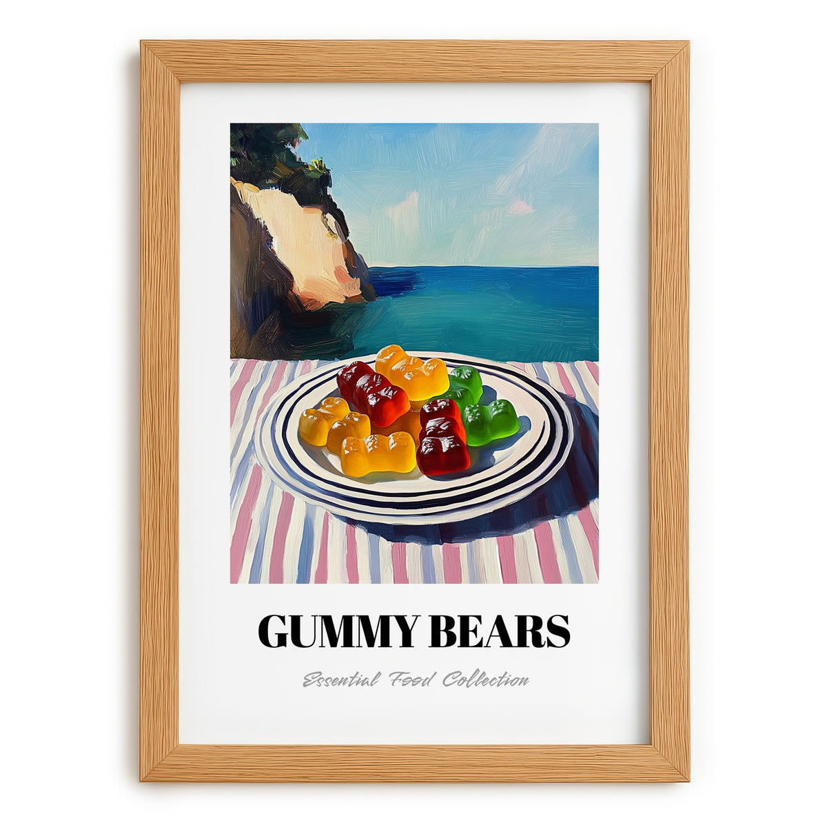 Gummy Bears – Coastal Café Moment, German Dessert Wall Decor, set in oak frame