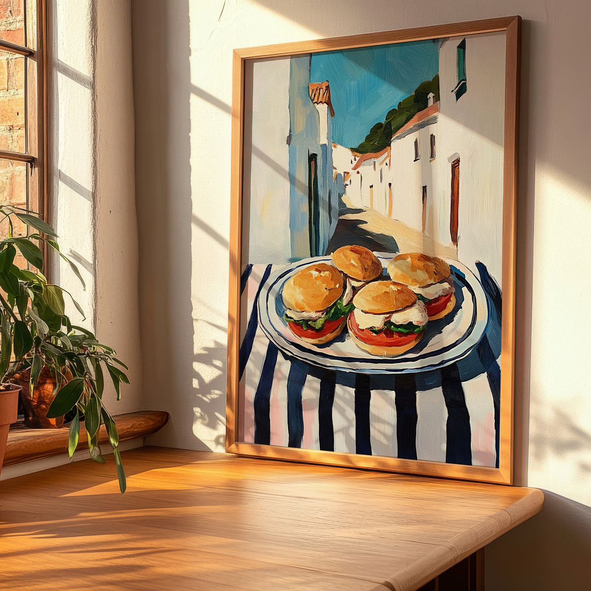 Mini Sandwiches – White village Urban Café Scene, British Food Wall Decor, clean layout with no caption